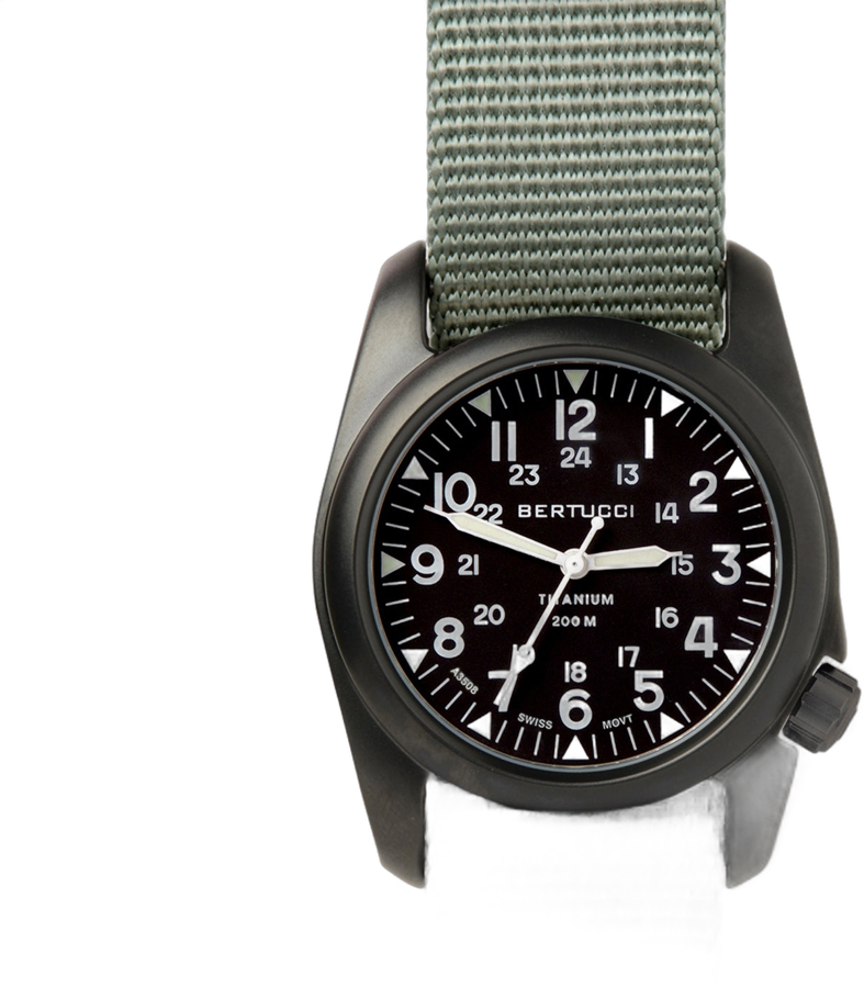Bertucci A-2T Vintage titanium field watch black dial Defender Drab nylon band