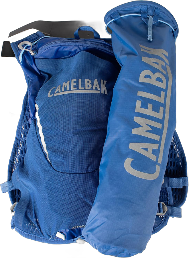 CamelBak Zephyr Pro running hydration vest blue with Quick Stow flasks