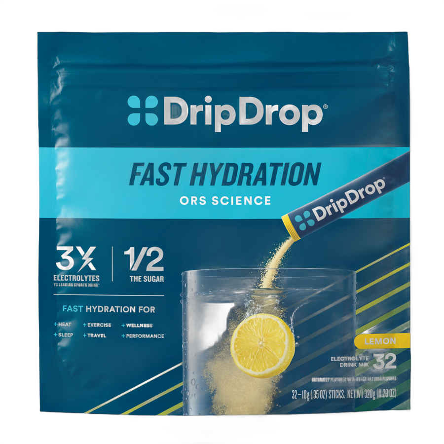 DripDrop electrolyte drink mix lemon 32 sticks pouch