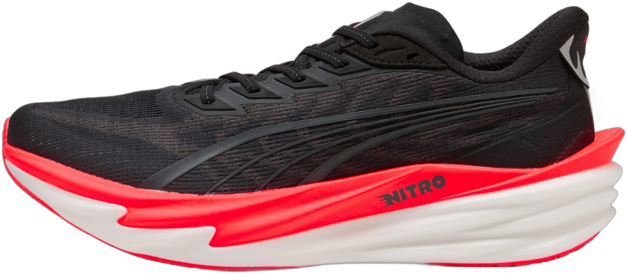 PUMA Deviate NITRO 4 men’s road running shoe black with ultra red midsole lateral view