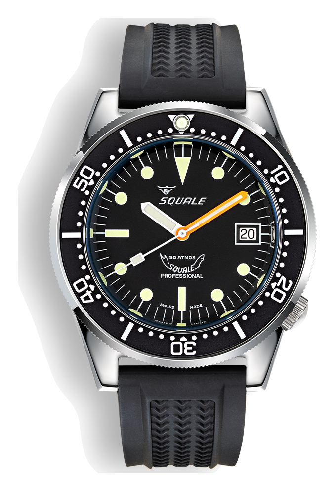 Squale 1521 Classic 42mm black dial dive watch on black rubber strap