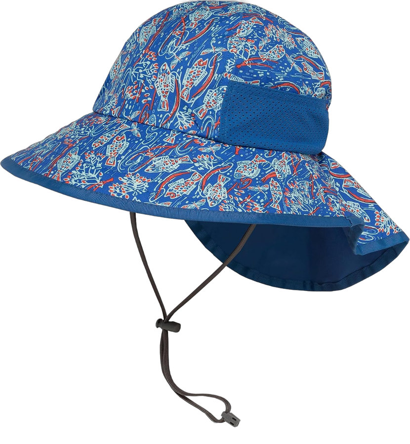 Sunday Afternoons Kids’ Play Hat Wild River print with neck cape and chinstrap