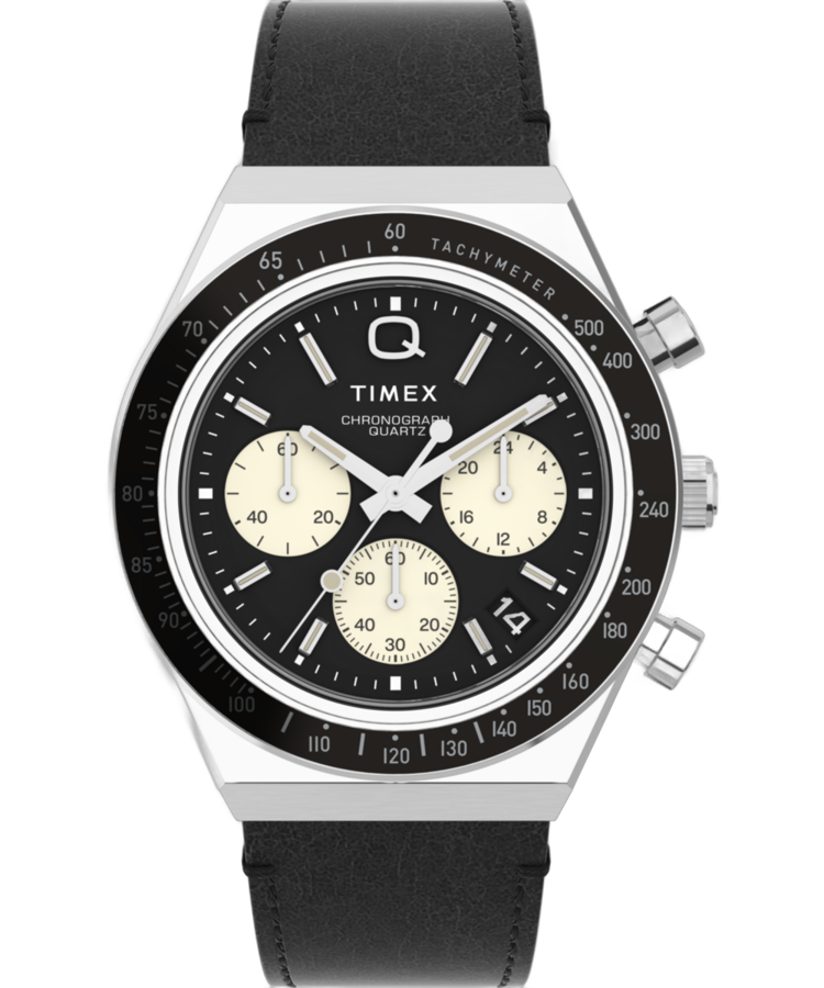 Q Timex Chronograph 40mm TW2V42700 black dial with cream subdials on black leather strap