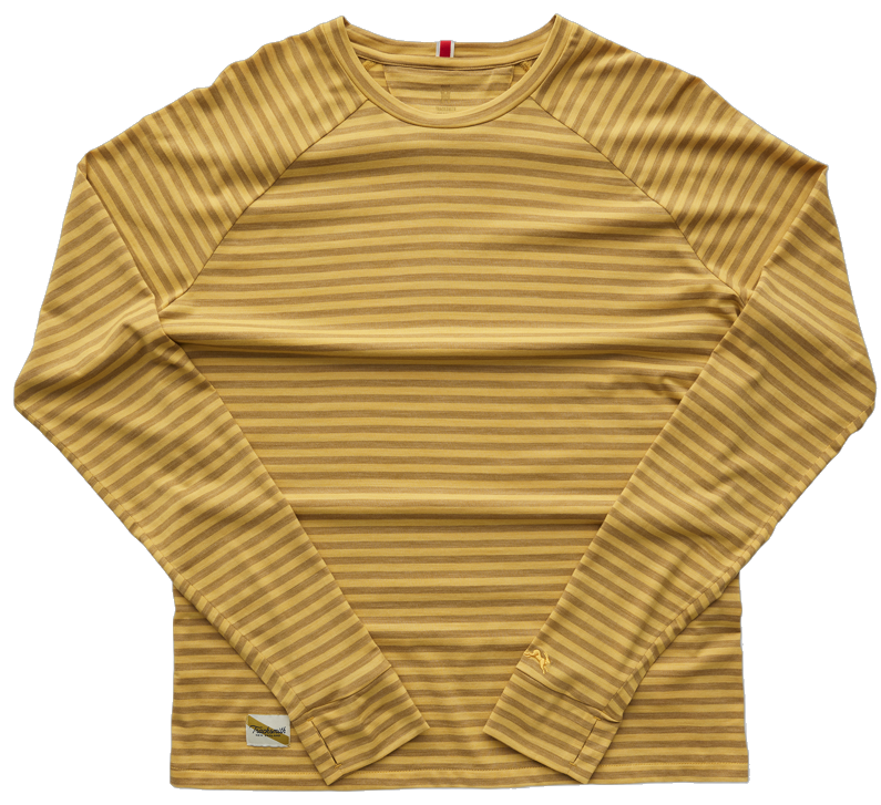 Tracksmith Harrier Long Sleeve men’s merino running top Golden Brown/Narcissus Stripe