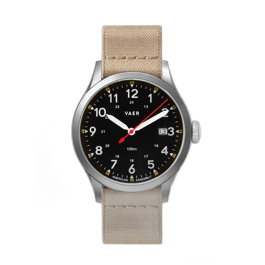 Vaer C5 Field Black Solar 40mm field watch black dial on khaki nylon strap